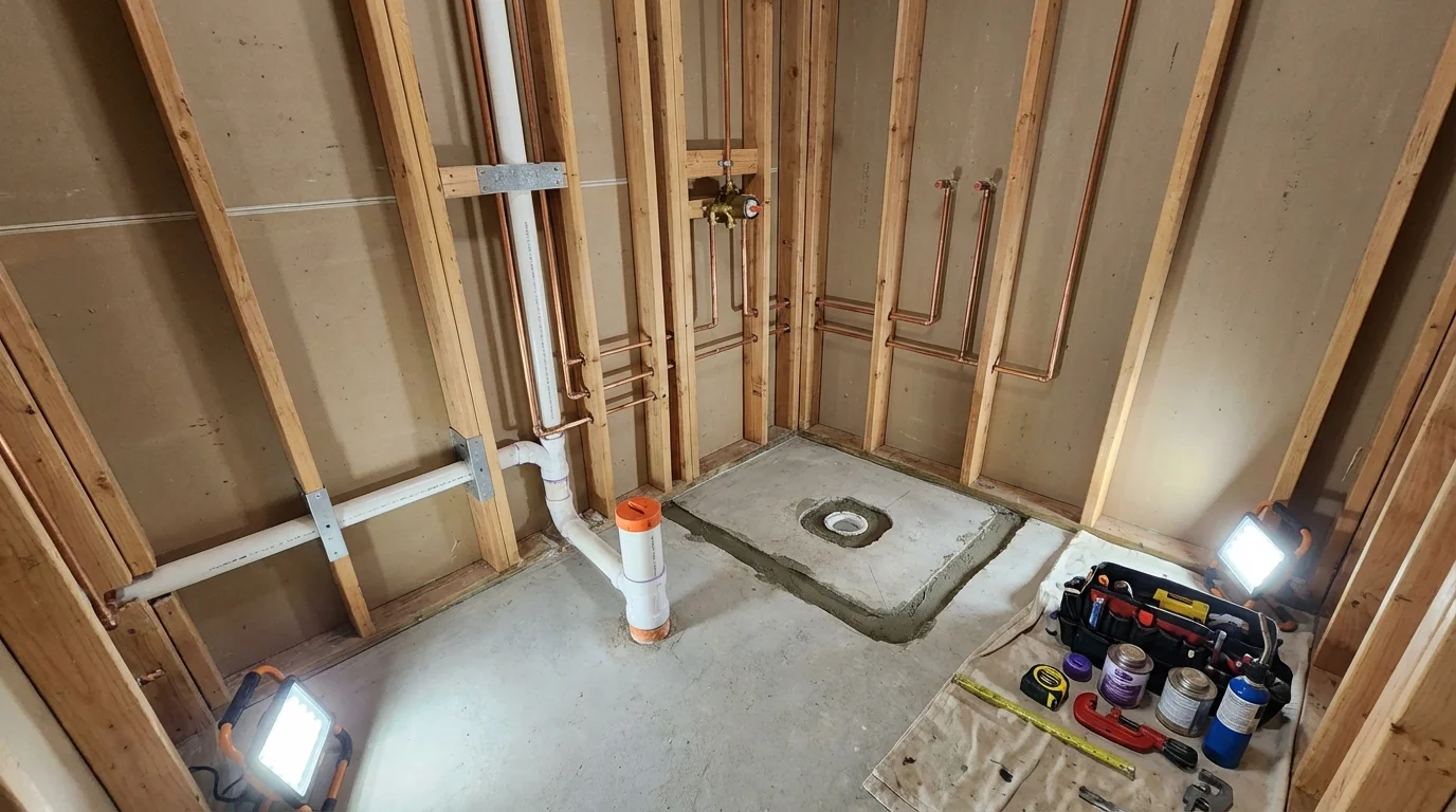 Bathroom rough-in plumbing during remodel by Johns Plumbing LLC in Ipswich
