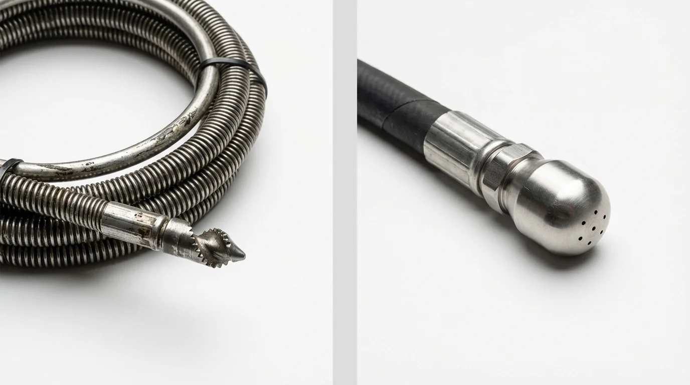 Drain snake cable and hydro jetting nozzle used for drain cleaning in Ipswich, MA