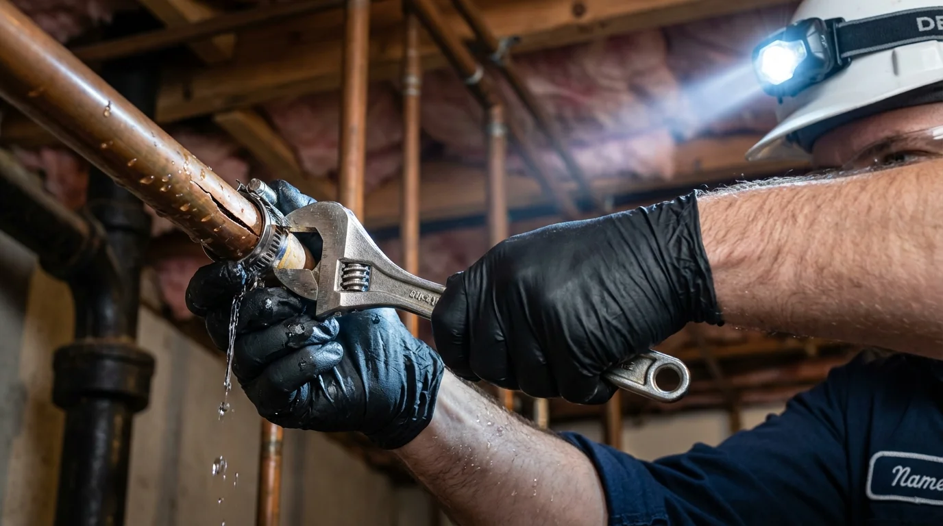 Emergency pipe clamp repair being performed by a Johns Plumbing LLC plumber in Ipswich