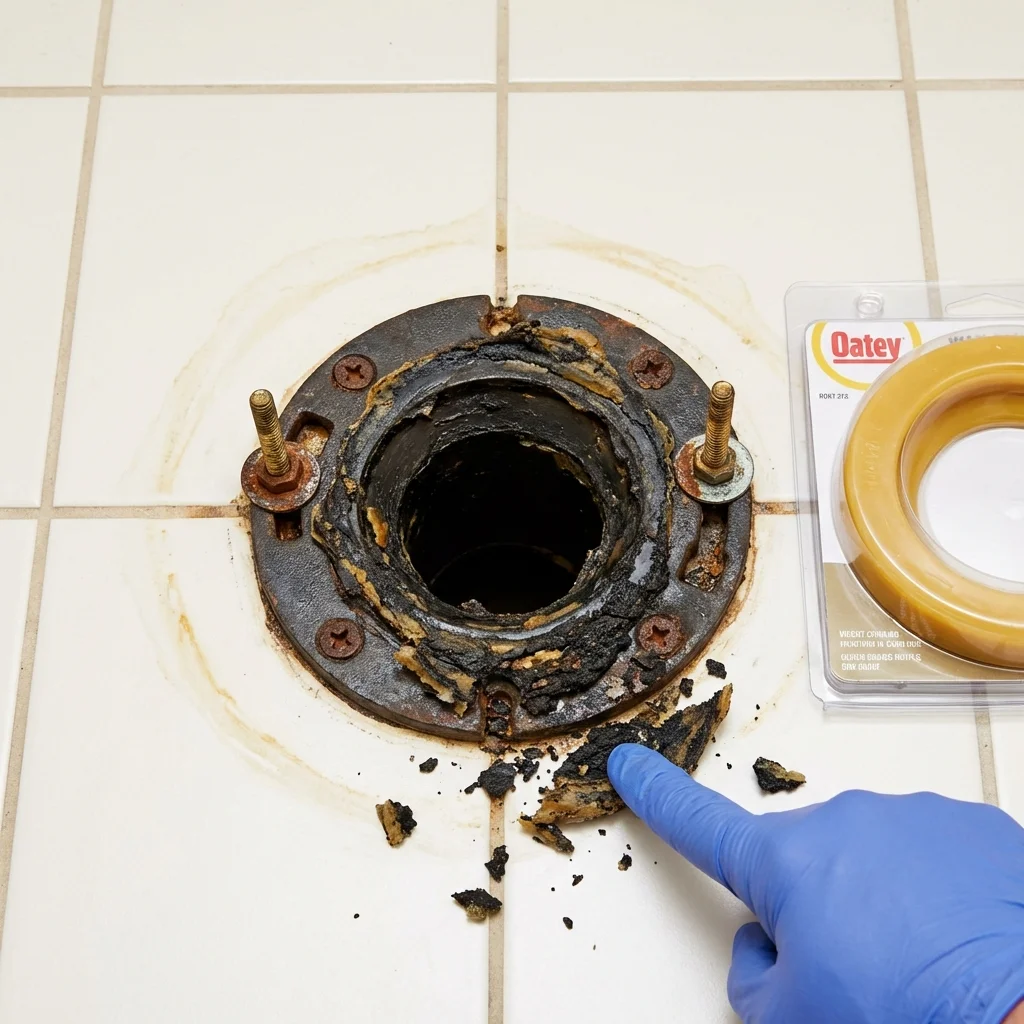 Failed wax ring showing water seepage at the base of a toilet in a Ipswich, MA home