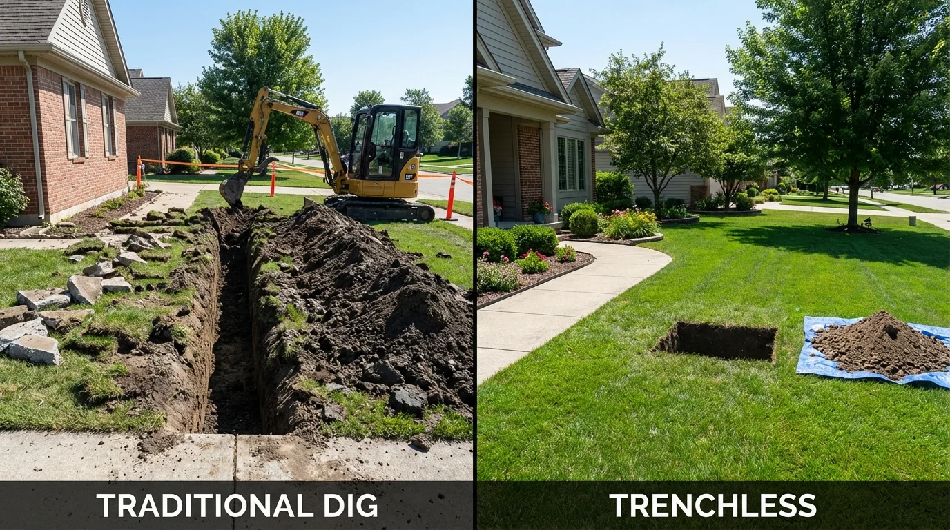 Trenchless sewer repair with minimal yard damage versus traditional excavation in Ipswich, MA