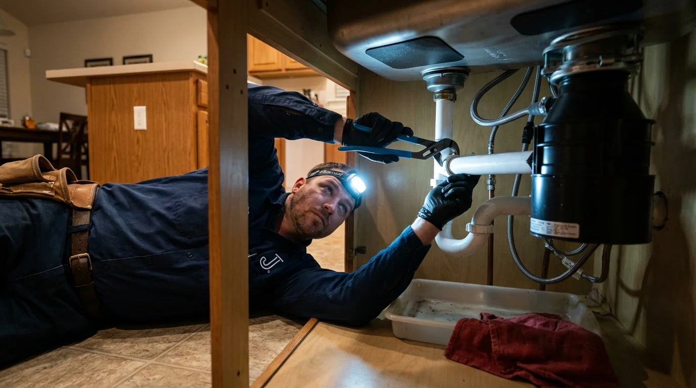 P-trap and supply line connections under a kitchen sink showing a common leak point in Ipswich, MA